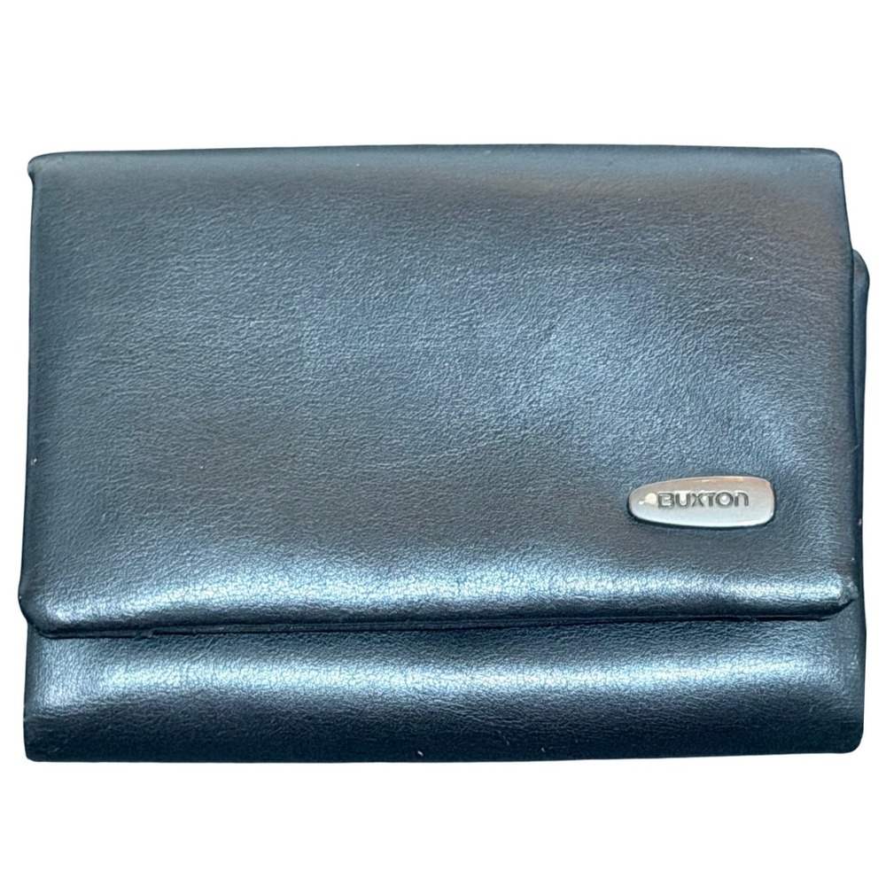 Buxton Trifold Wallet Womens Black Faux Leather Snap Clutch ID Window Minimalist